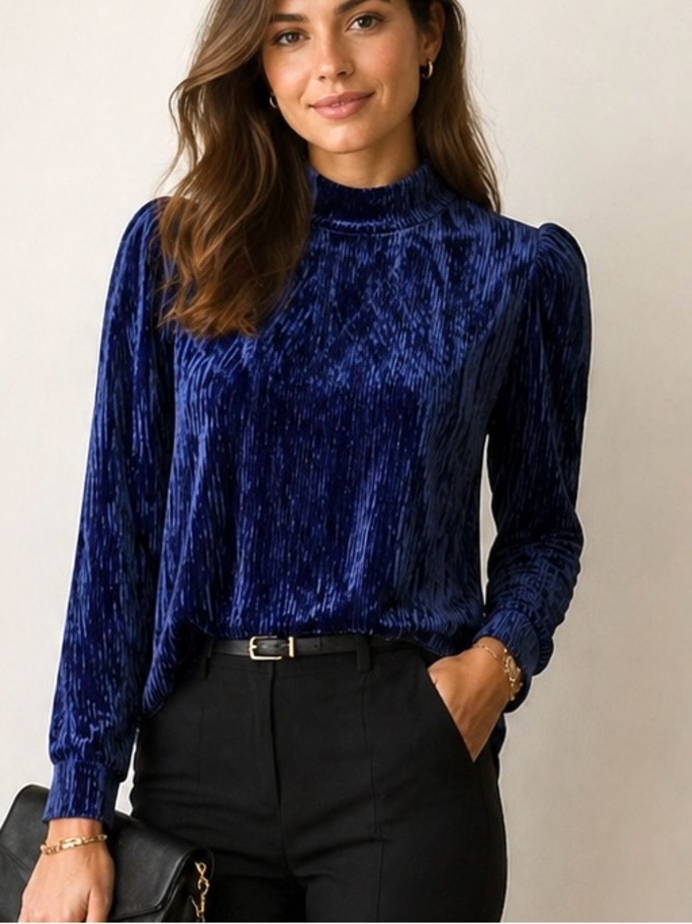 PatBO Crushed Velvet Mock Neck Long Sleeve Top - Navy Blue Size M